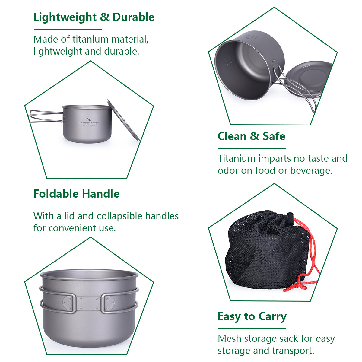 Boundless Voyage Outdoor Titanium Pot with Lid Folding Handle Camping Hiking Picnic Ultralight Tableware 800ml