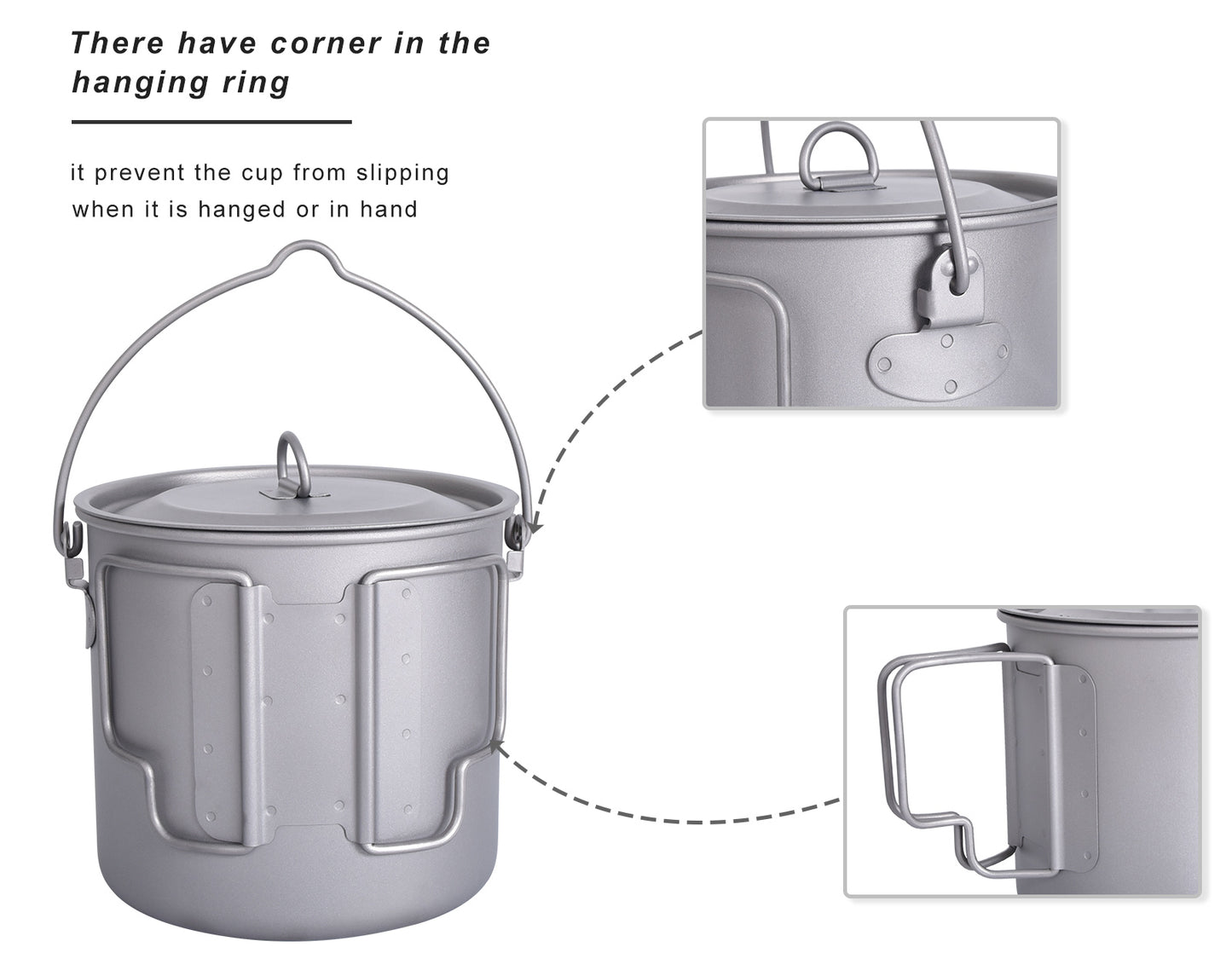 Boundless Voyage Outdoor Titanium Mug Hanging Cup 1100ml+lid Camping Pot with Lid Foldable Handle Outdoor Hiking Ultralight Portable Water Cup