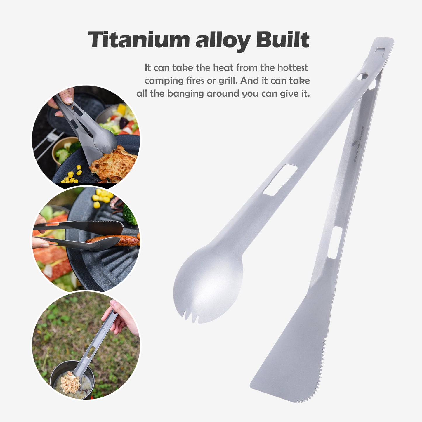 Boundless Voyage Titanium Alloy Tong, Spork，Shovel and Spatula All-In-One Utensil for Portable Lightweight Multi Utensil for Camping Kitchen Cookware