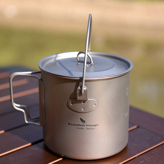 Boundless Voyage 1100ml Titanium Hanging Mug Pot with Lid | 37oz Ultralight Single-Wall Camping Cookpot | Bail Handle & Folding Handle Bushcraft Kettle for Open Fire & Stove | Non-Toxic & BPA-Free