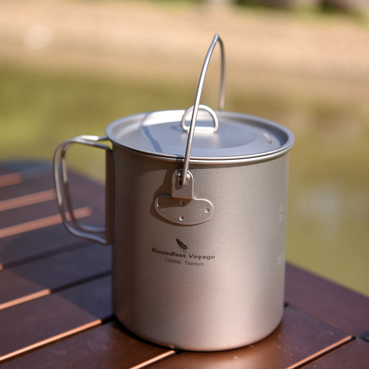 Boundless Voyage 1250ml Titanium Camping Pot with Lid | 42oz Ultralight Single-Wall Outdoor Cookpot | Foldable Handle Backpacking Soup Pot & Canteen | Non-Toxic, Eco-Friendly & BPA-Free