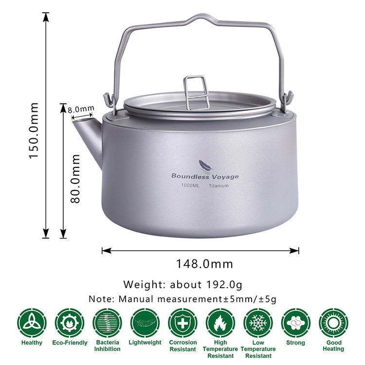 Boundless Voyage Outdoor Camping Titanium 1L Kettle with Folding Handle Filter Ultralight Big Capacity Pot